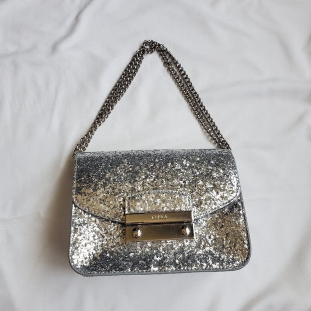 FURLA Metropolis Silver Glitter Mini Chain Crossbody Bag